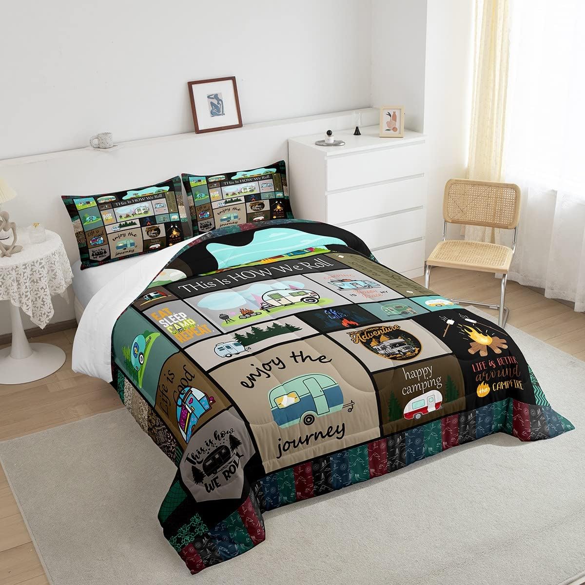 Juego de edredón con temática de cámper, juego de ropa de cama para niños, niñas, mujeres, adultos, caricaturas, coches de caricatura, juego de