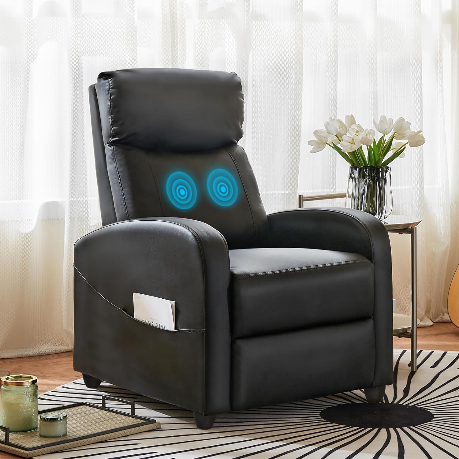 Sweetcrispy Silla reclinable para adultos, asiento reclinable pequeño de piel sintética para cine en casa con soporte lumbar, silla reclinable