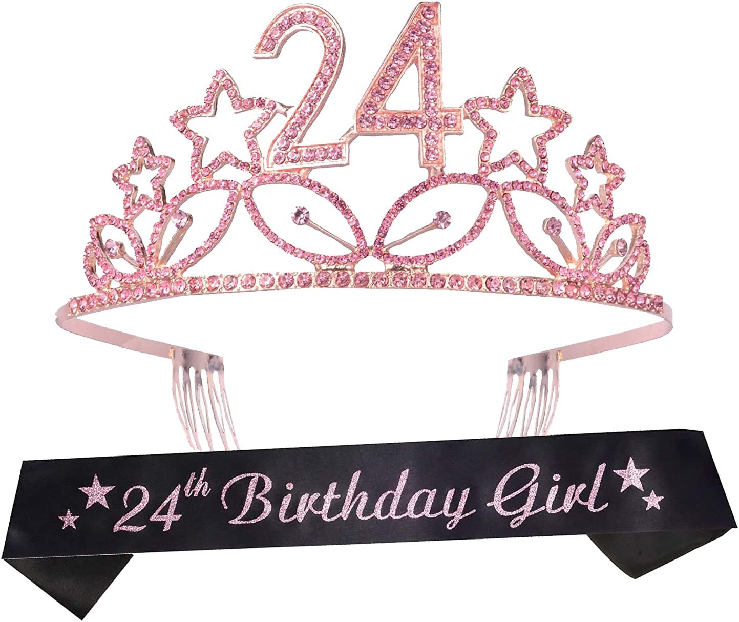 Banda y tiara de cumpleaños número 24 para mujer, juego fabuloso banda con purpurina + estrellas de diamantes de imitación rosa tiara de metal