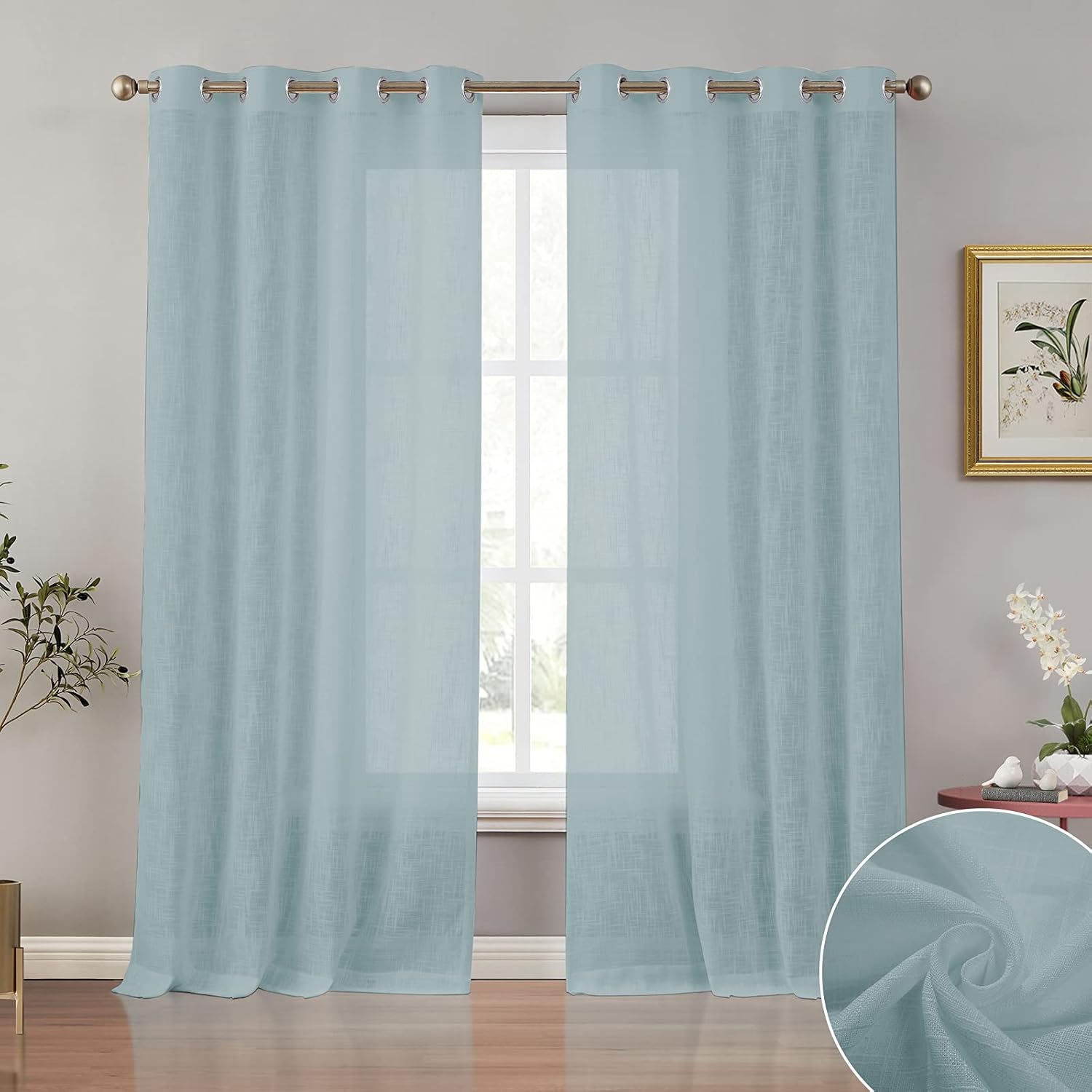 Melodieux Cortinas semitraslúcidas con textura de lino aguamarina de 84 pulgadas de largo para sala de estar, dormitorio, cortinas de gasa de lino