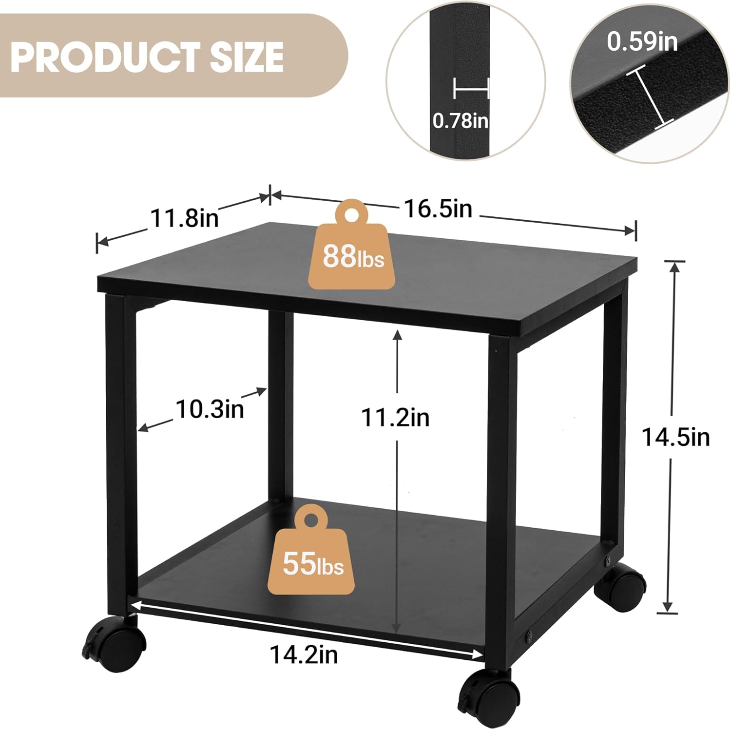 Cakokow Soporte para impresora debajo del escritorio, mesa de impresora móvil industrial de 2 niveles con estante de almacenamiento, carrito de