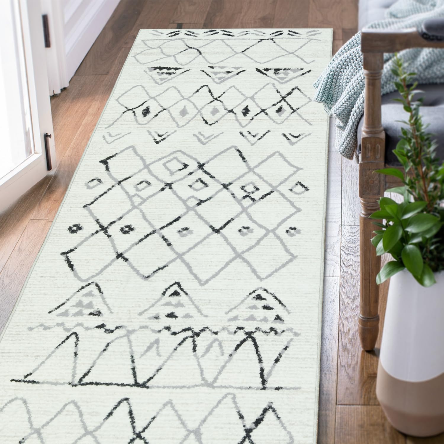 jinchan Alfombra de pasillo de cocina de 2 x 7 pies, alfombra marroquí moderna, lavable, geométrica, antideslizante, suave, delgada, para