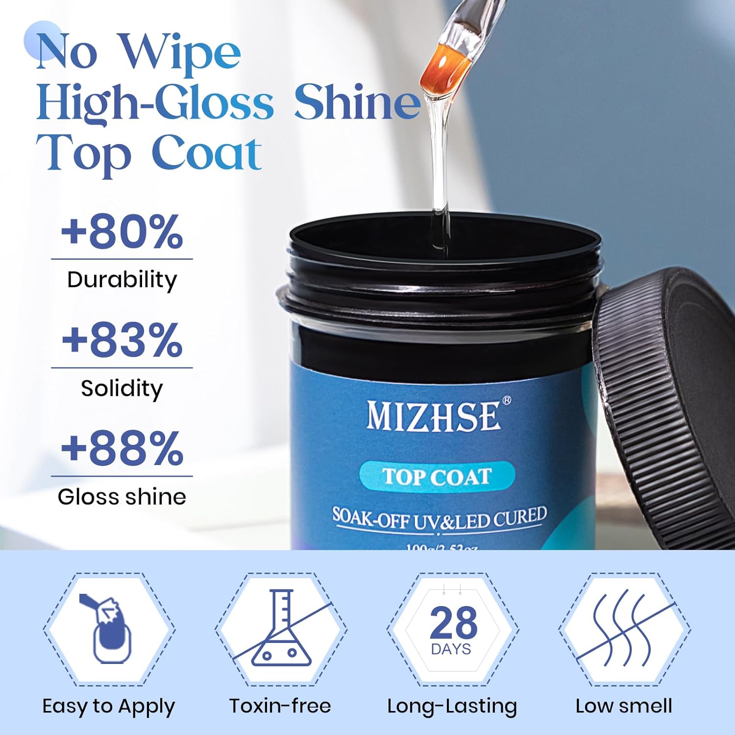MIZHSE Capa superior de gel que no se limpia de 3.4 fl oz, acabado brillante de larga duración, esmalte de uñas de gran capacidad, acabado de