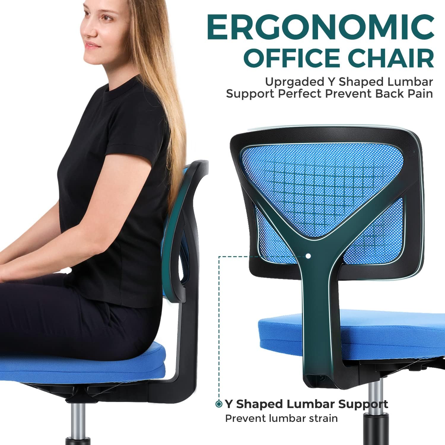 DUMOS Sillas de escritorio sin brazos con ruedas, bonita silla de oficina en casa, sin brazos, ergonómica ajustable giratoria, silla de trabajo con