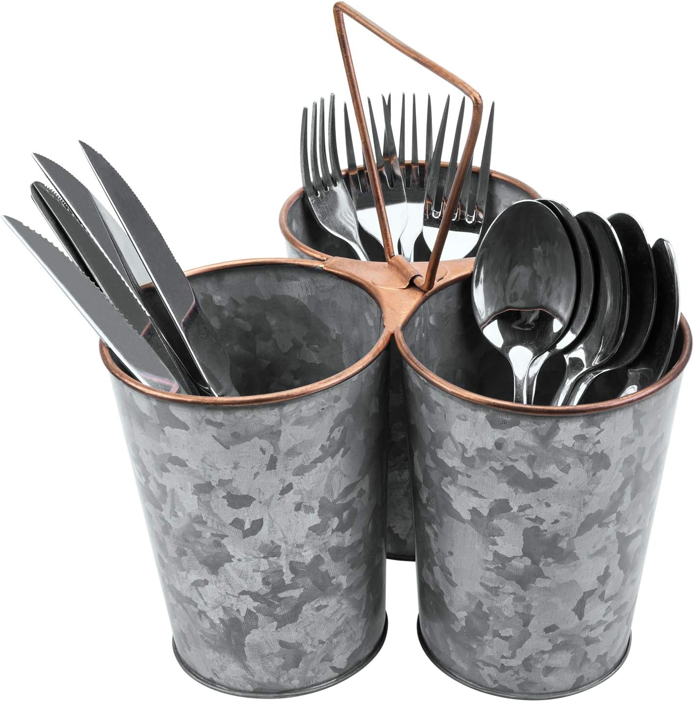 MyGift Organizador de utensilios de metal galvanizado con 3 compartimentos, borde y asa de cobre, almacenamiento de cubiertos para encimera,