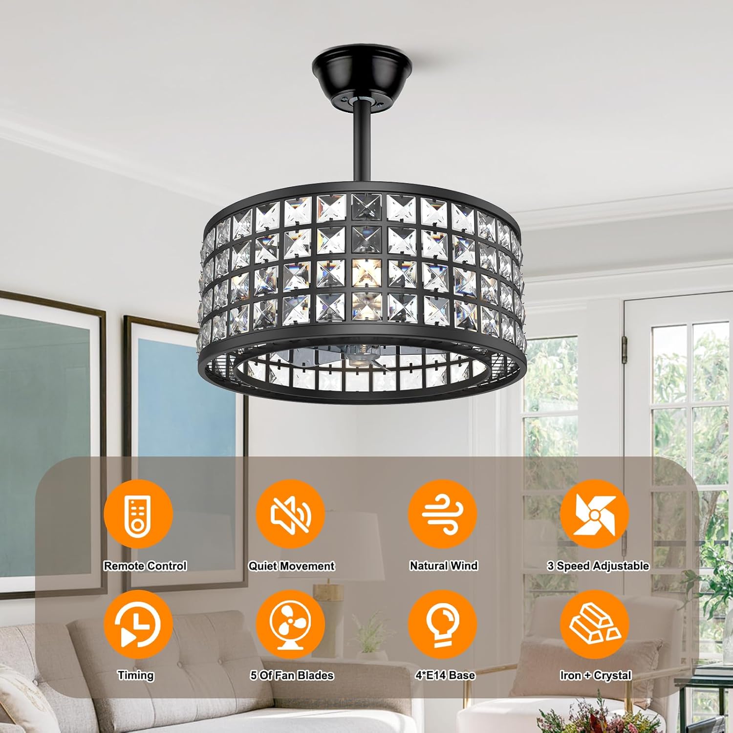 YOYWE Ventiladores de techo de cristal con luces, ventilador de techo de cristal enjaulado con luz y control remoto, 3 colores, 3 velocidades,
