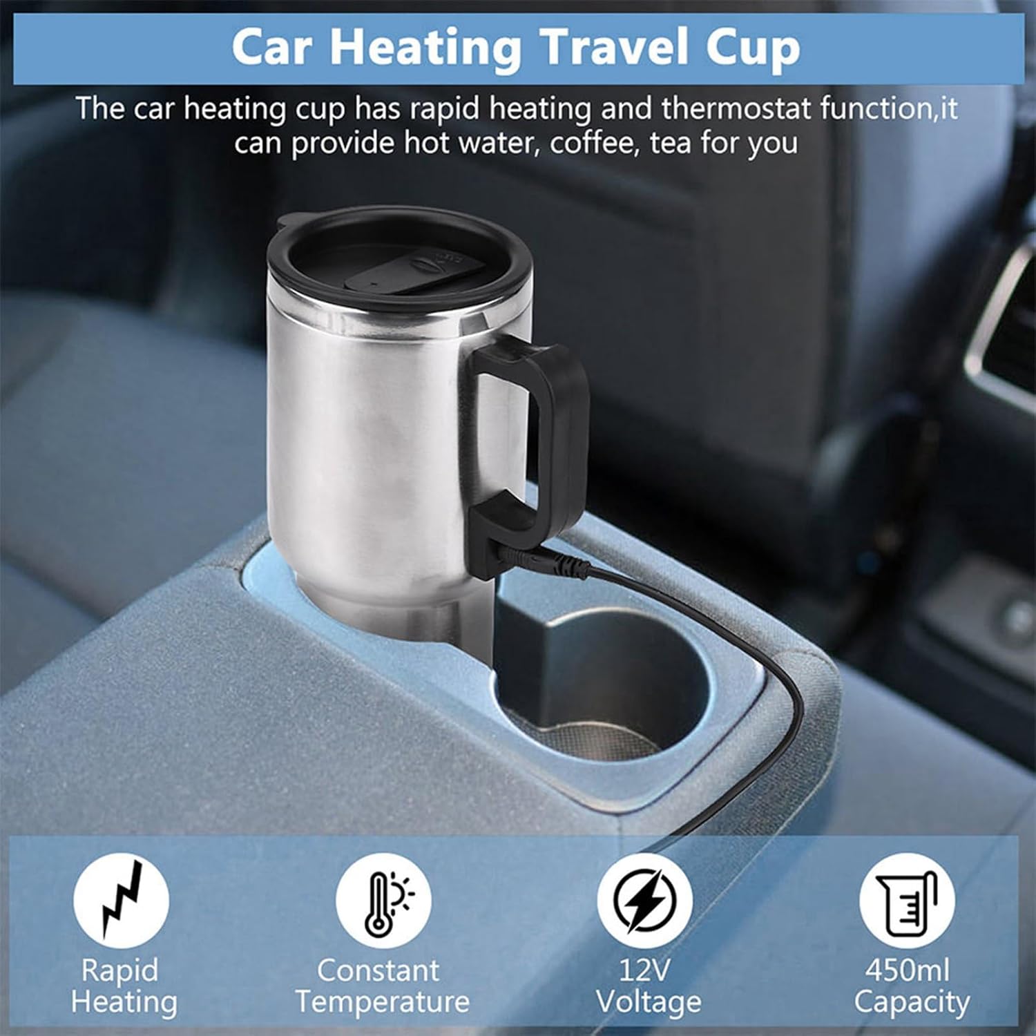 Taza de calefacción para automóvil, taza de calefacción de viaje de acero inoxidable de 12 V 15.2 fl oz, taza de calefacción eléctrica para viajes,