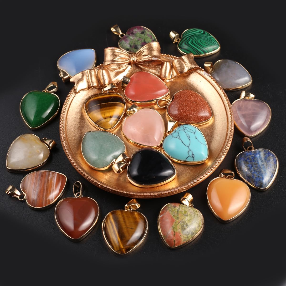 6 colgantes de piedra natural, colgantes de piedra de cristal en forma de corazón, dijes de piedras preciosas curativas de chakras y reiki, a granel