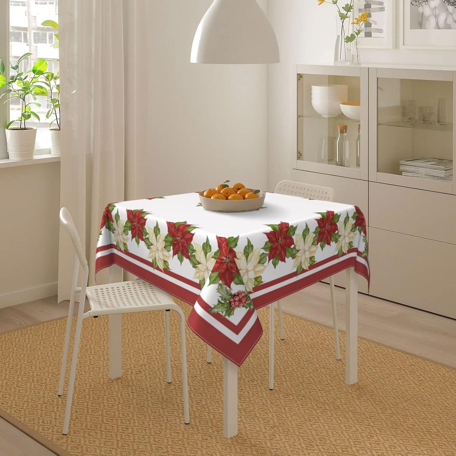 AGAYNA Mantel cuadrado de Navidad de 54 x 54 pulgadas, mantel floral de flor de pascua rojo y blanco, resistente a las manchas, mantel de Navidad