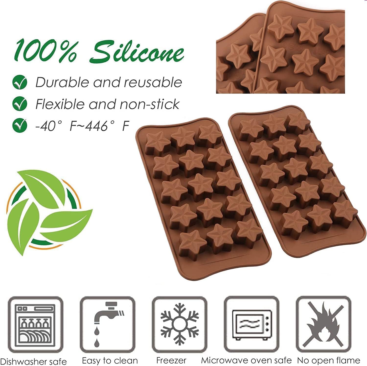 Molde de silicona con forma de estrella, molde antiadherente para chocolate, 2 unidades, 15 cavidades para dulces, postres, gelatina, cubitos de