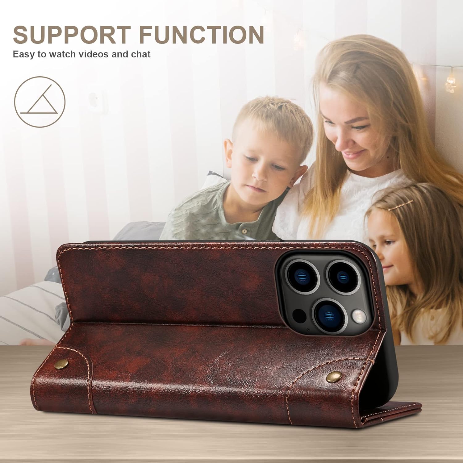 SINIANL Funda tipo cartera compatible con iPhone 15 Pro, con función atril magnético, tarjetero de cuero con tapa para iPhone 15 Pro, color marrón