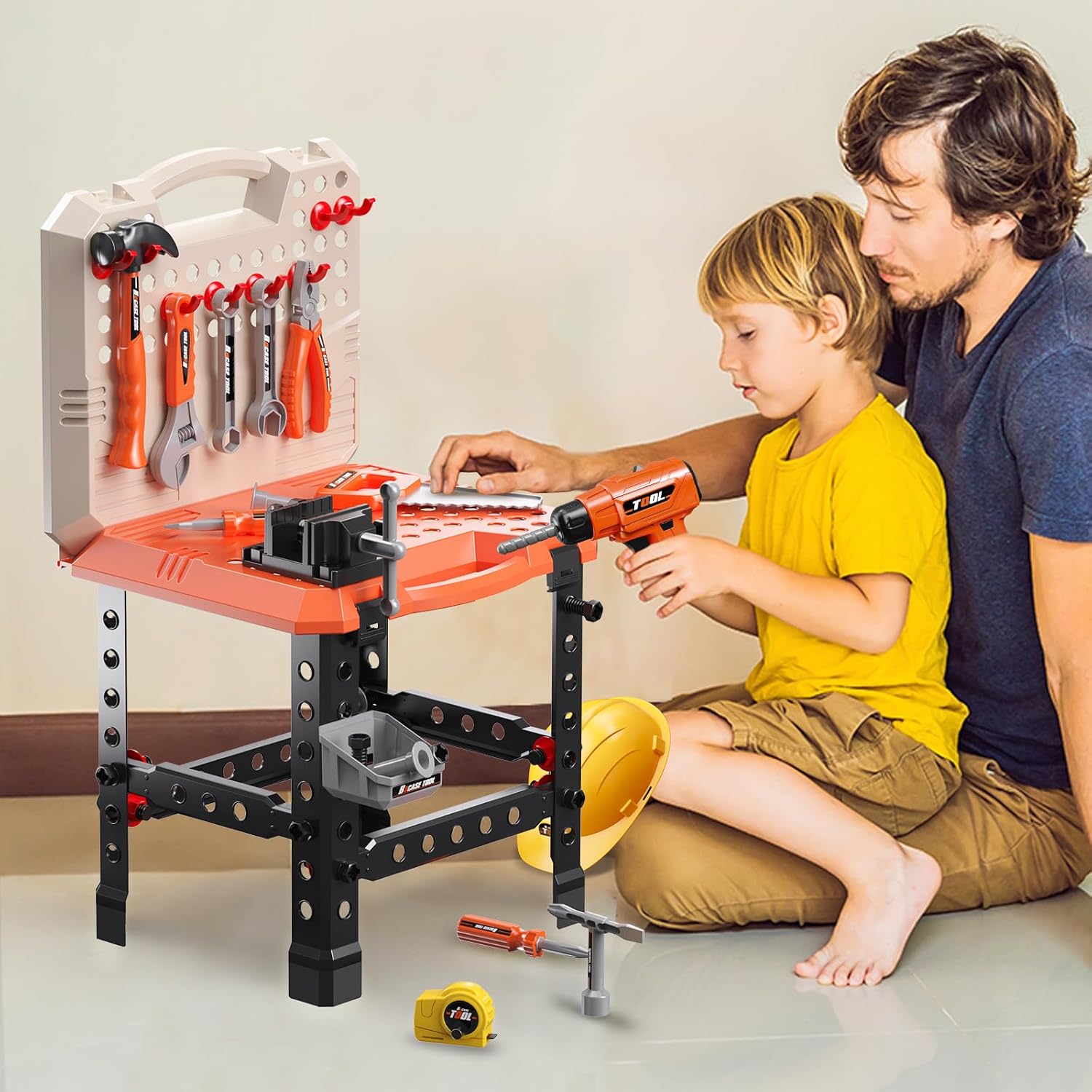 Banco de herramientas para niños, banco de trabajo de juguete con taladro eléctrico, accesorios de herramientas de juguete y chaleco de