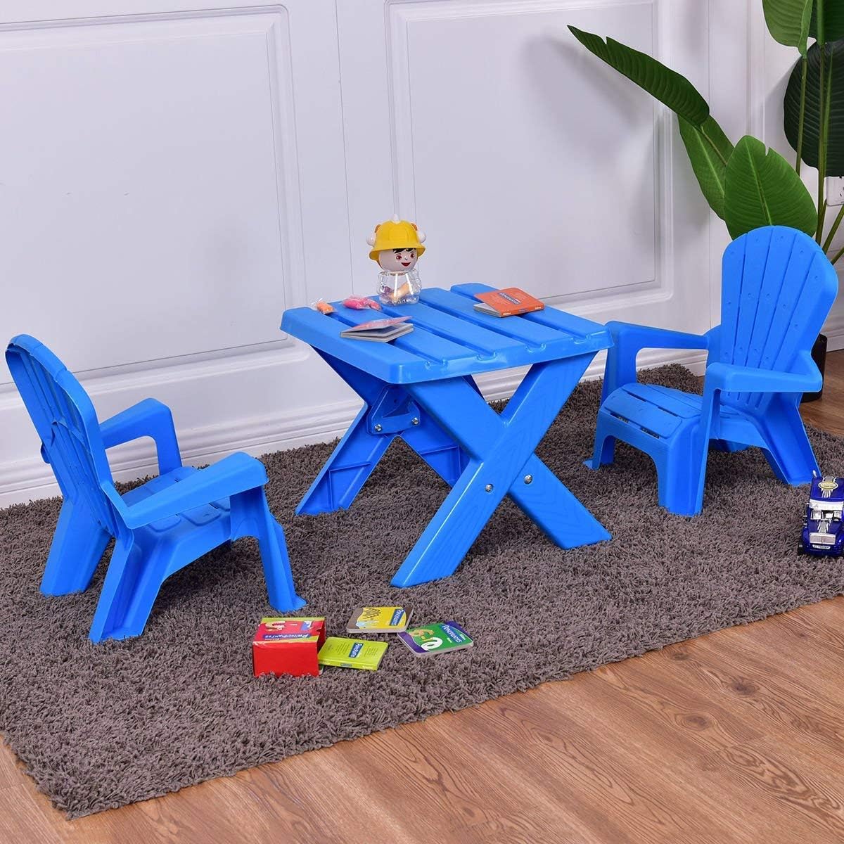 Reunion G Juego de mesa y 2 sillas de plástico duradero para niños, juego de mesa de manualidades para actividades de patio (azul)