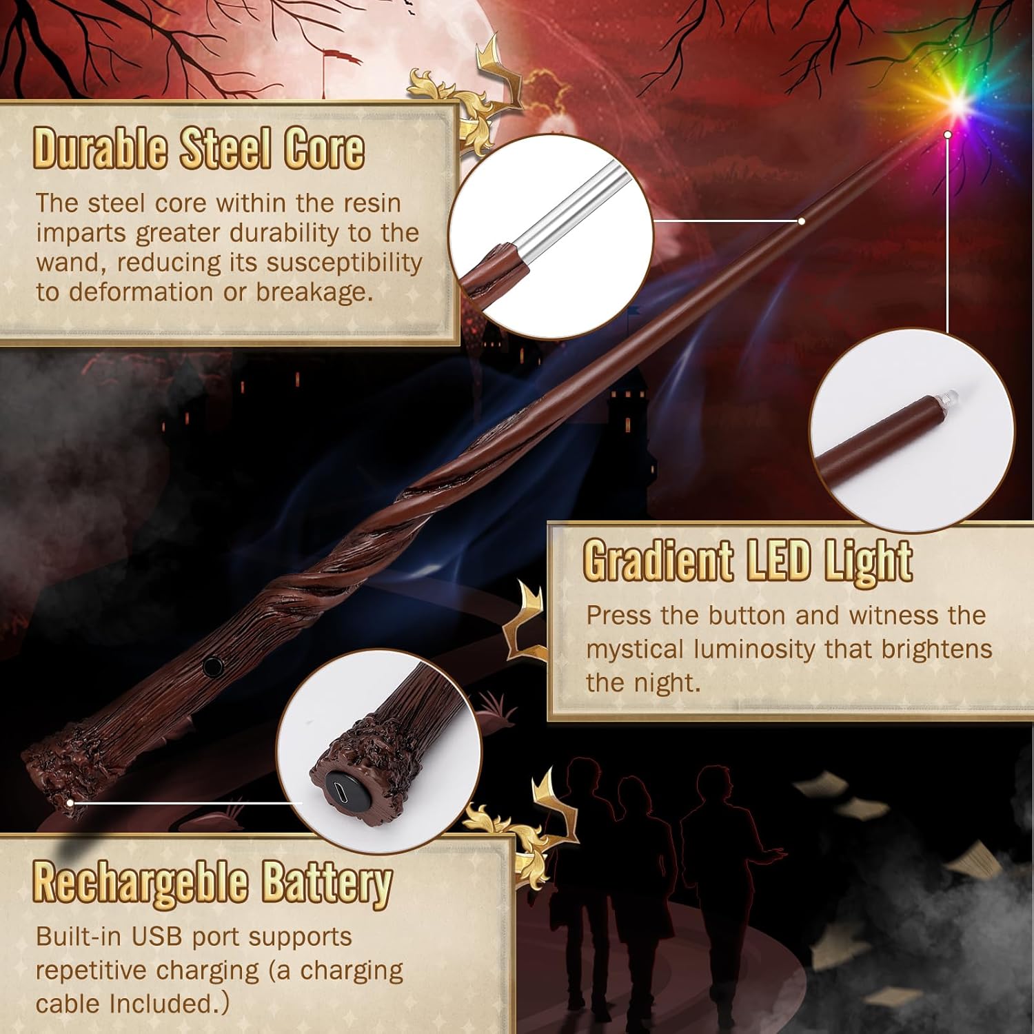 ShinySong Varita de mago recargable con iluminación degradada, varita mágica iluminadora para niños, fiesta de Navidad, cosplay, raíz