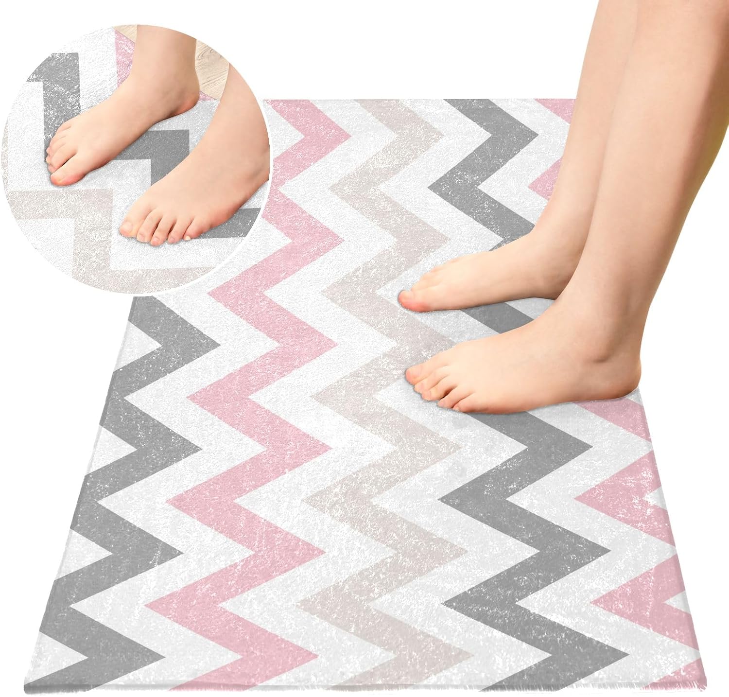 Joisal Alfombras de baño de felpa cheurón color rosa y gris, absorbentes, antideslizantes, con parte trasera de goma, lavables, 39 x 20 pulgadas