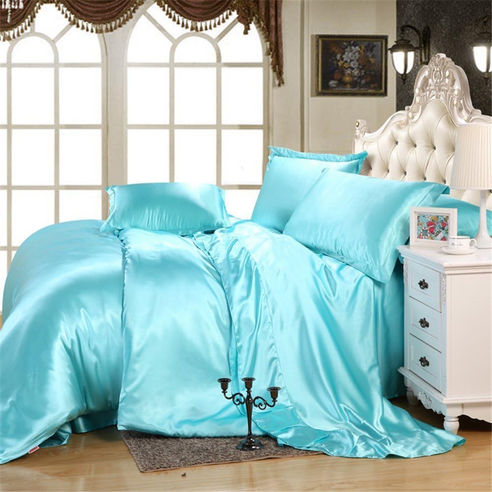 Juego de cama de 4 piezas de satén sedoso 100% puro y con funda de edredón y dos fundas de almohada, tamaño individual, color azul aguamarina