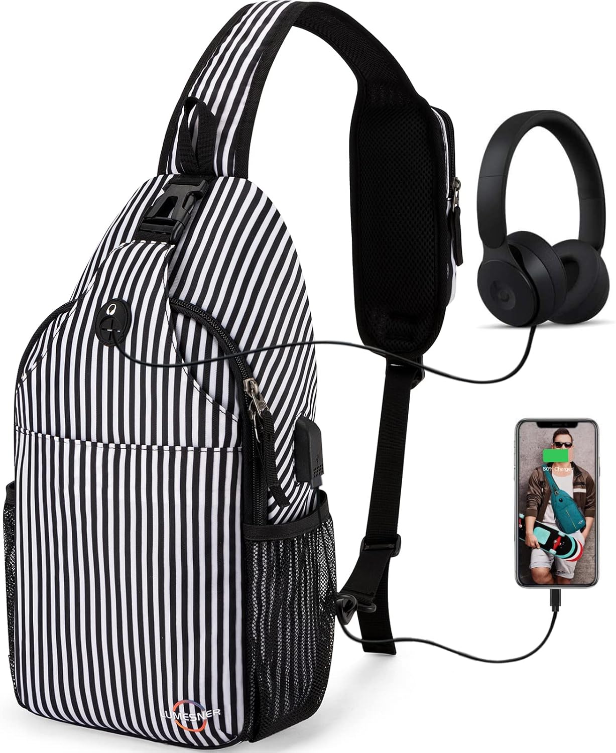 Lumesner Mochila cruzada con puerto de carga USB, bolsa de hombro de senderismo, bolsa de pecho para senderismo, caminata, viajes
