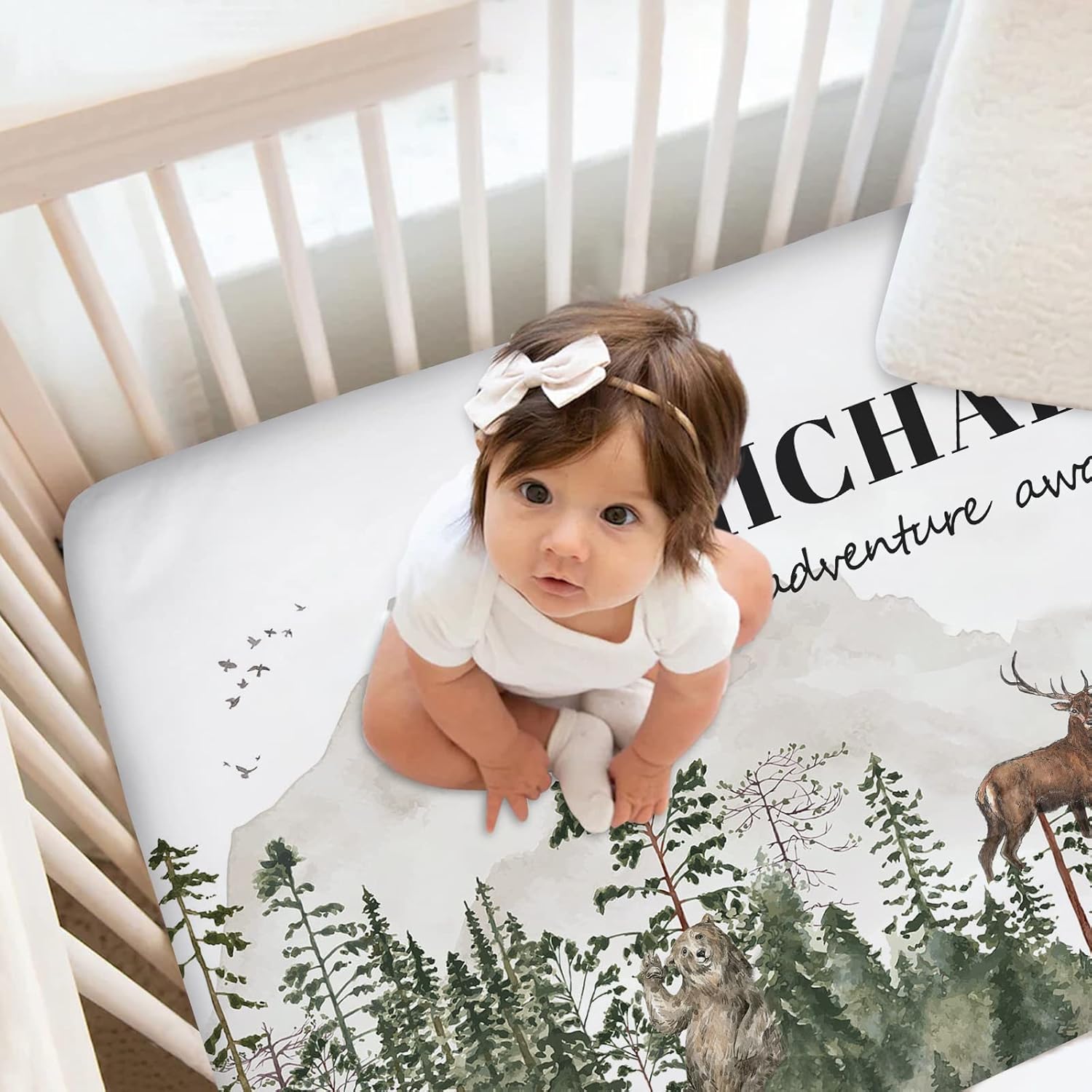 Sábanas para cuna de bebé, diseño de ciervo del bosque, sábana bajera personalizada para cuna con nombre, paquete personalizado y sábanas de juego,