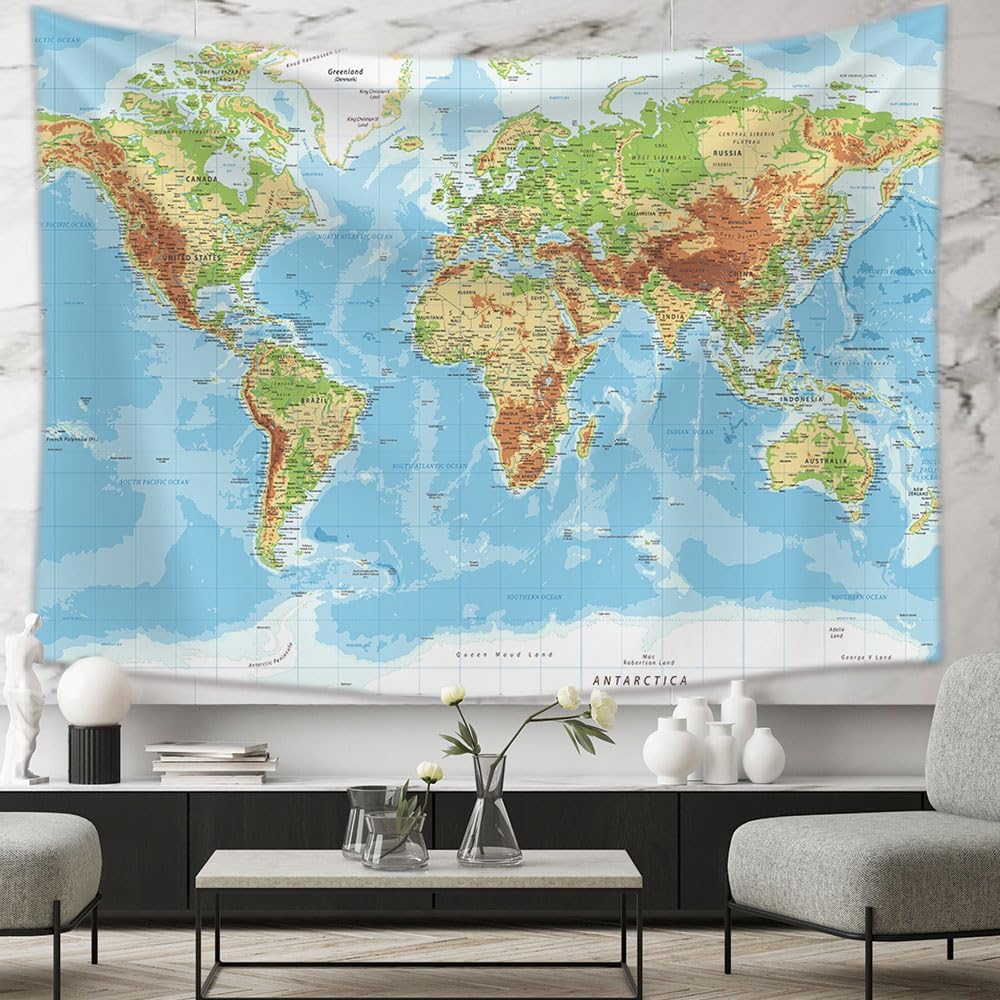 Tapiz del mundo del mapa, tapiz educativo para colgar en la pared para sala de estar, dormitorio, oficina y aula, póster decorativo de pared, 60 x