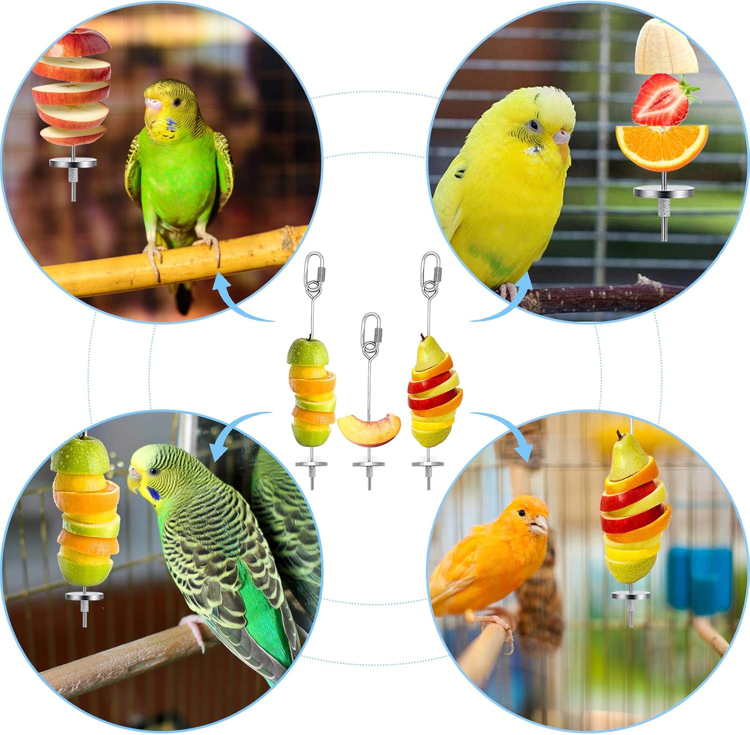 3 piezas de soporte para alimentos para pájaros, juguete de comedero de pájaros, acero inoxidable para animales pequeños, brocheta de frutas y