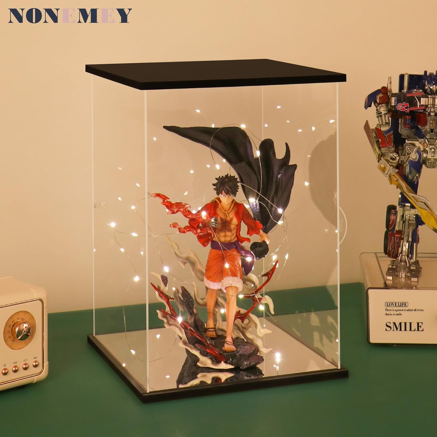 NONEMEY Vitrina de acrílico transparente con dos tipos de luces para 1000% Pop Mart, modelo a prueba de polvo, caja organizadora, vitrina para