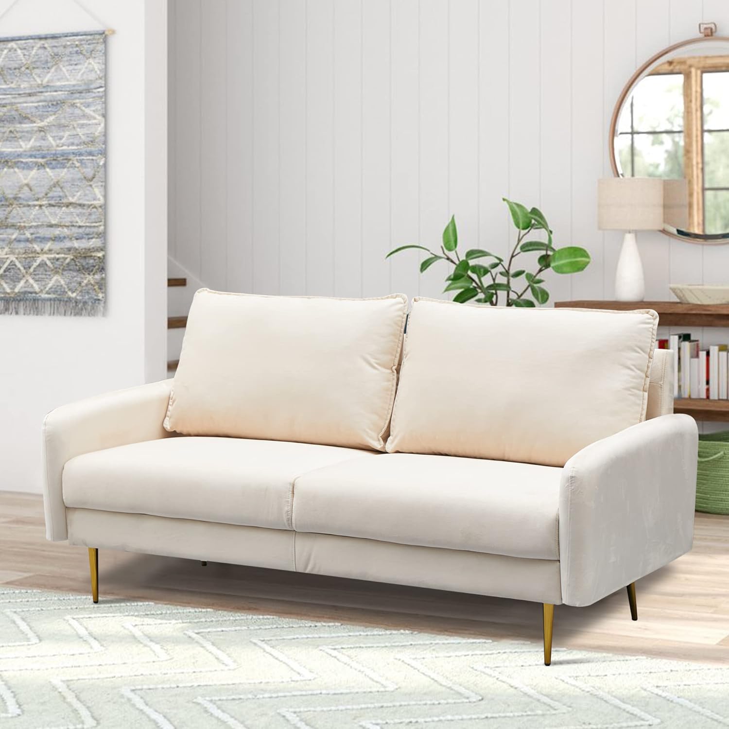 Sofá moderno de terciopelo con patas de metal para sala de estar, oficina, color beige