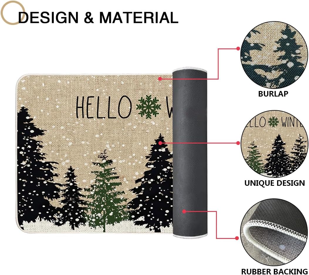 Tapete de árbol negro de Navidad, tapete para puerta de invierno, bosque frío, copos de nieve, tapete delantero de bajo perfil, tapete de Navidad