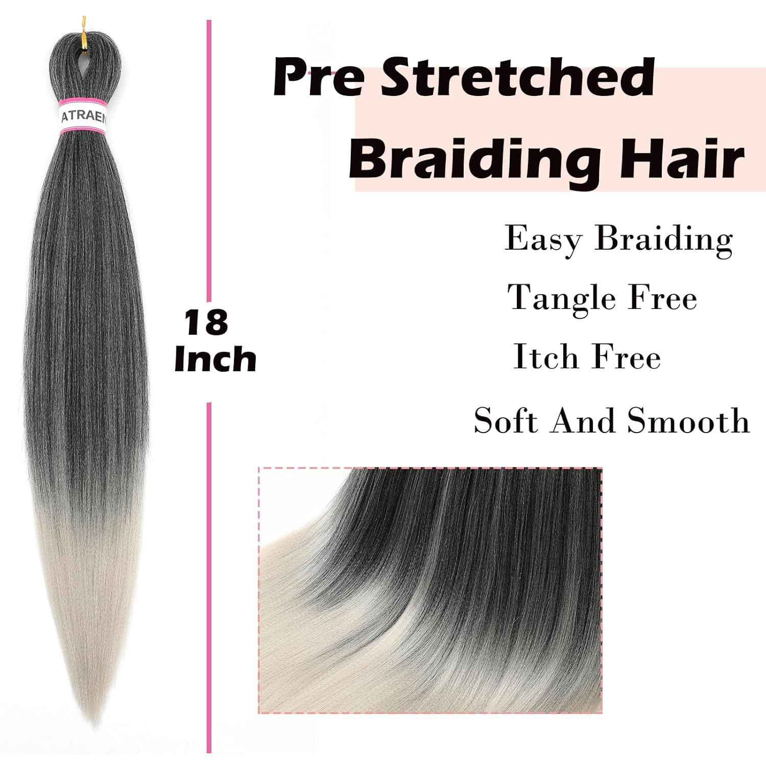 ATRAENTE Cabello trenzado preestirado de color plateado degradado, cabello trenzado de 18 pulgadas, trenzas de ganchillo preestiradas con textura