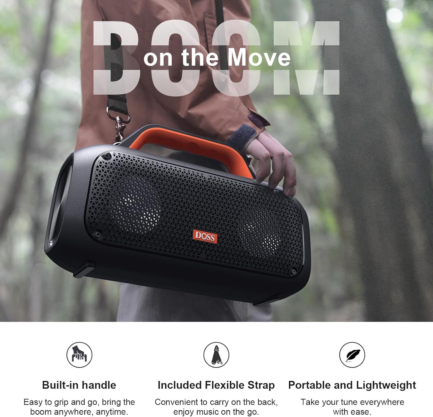DOSS Extreme Boom – Altavoz para exteriores con IPX6 impermeable, sonido potente de 60 W, graves profundos, tiempo de reproducción de 30 horas,