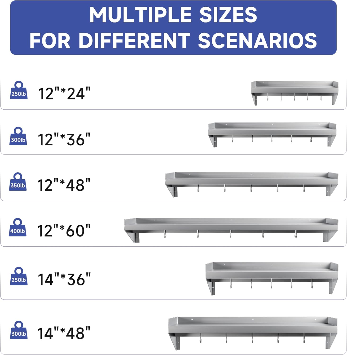 Estante de acero inoxidable, estante de metal de 24 x 12 pulgadas, estante flotante de acero inoxidable montado en la pared con 5 ganchos para