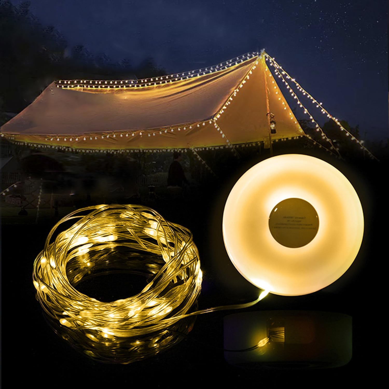 goldseaside Guirnalda de luces portátiles para campamento, 2 en 1, recargable por USB, luz para exteriores, decoración de vacaciones, jardín, patio,