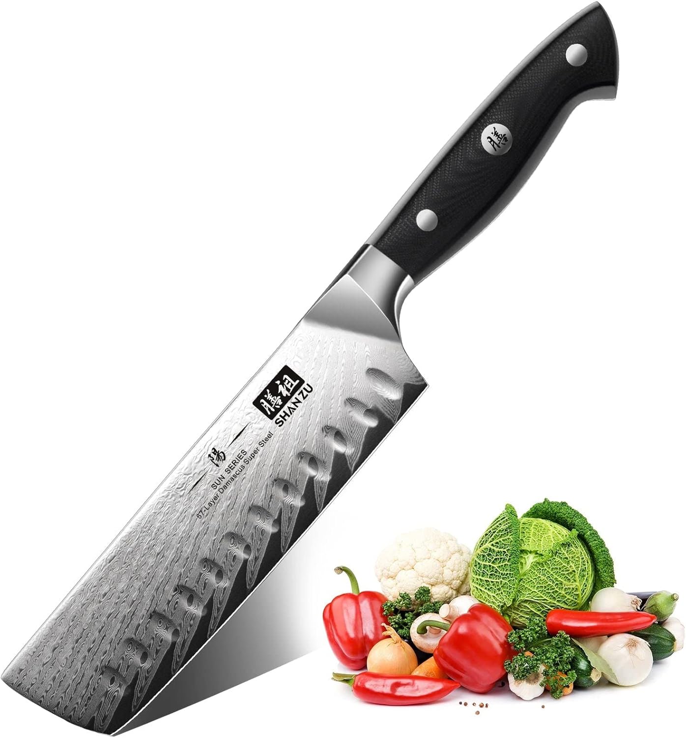 SHAN ZU Nakiri – Cuchillo profesional para verduras de acero Damasco japonés (AUS-10), mango ergonómico G10, serie SUN