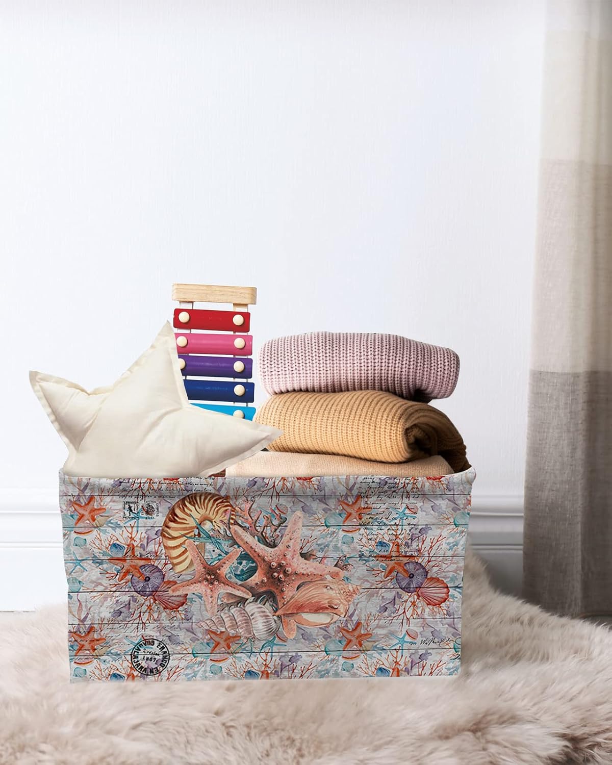 Storage Bins Cubes Waterproof Cloth Storage Basket, Rustic Ocean Starfish Foldable Storage Bags for Shelf Closet Clothes Storage Organizers with