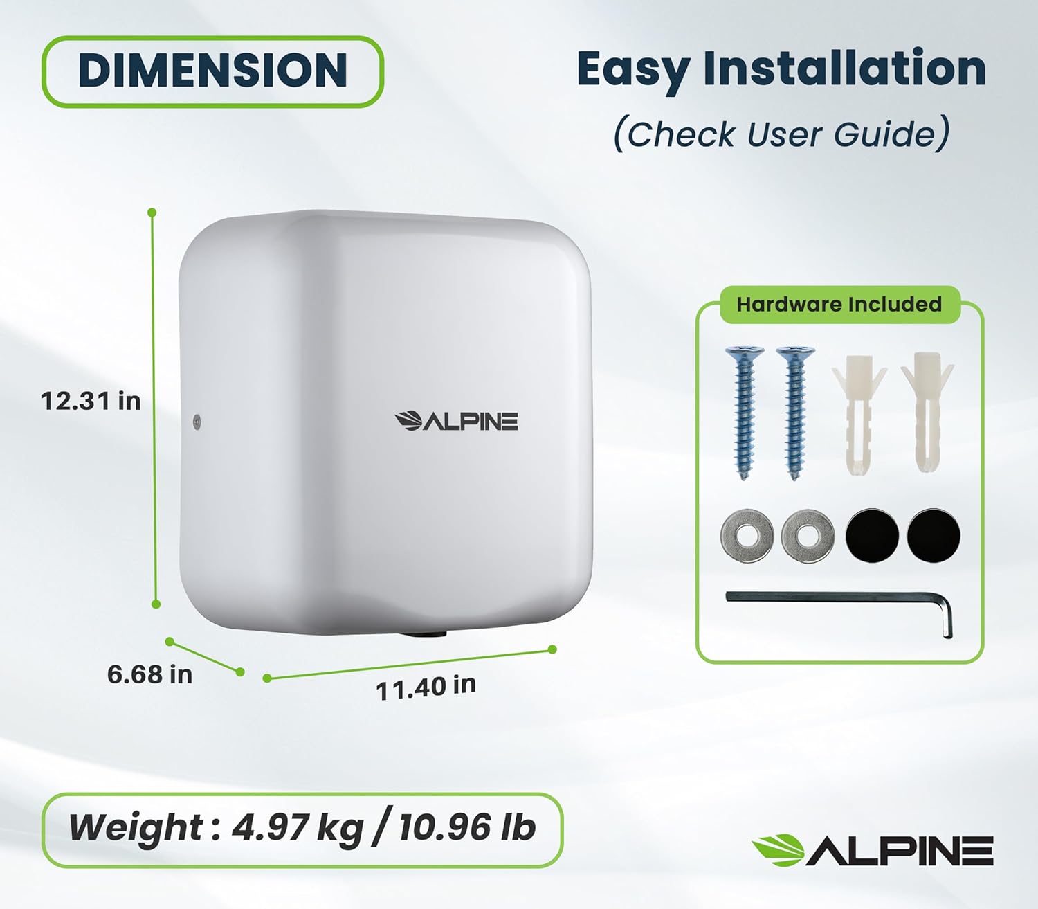 Alpine – Secador de manos automático comercial – Secador de manos de aire de alta velocidad para el hogar, restaurante, baño y zonas de alto