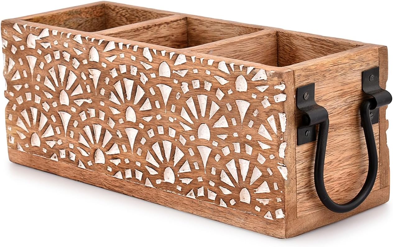 NIRMAN Estante multiusos de madera de mango con 3 compartimentos para cubiertos, servilletas, tazas (11 x 4 x 4.5 pulgadas)