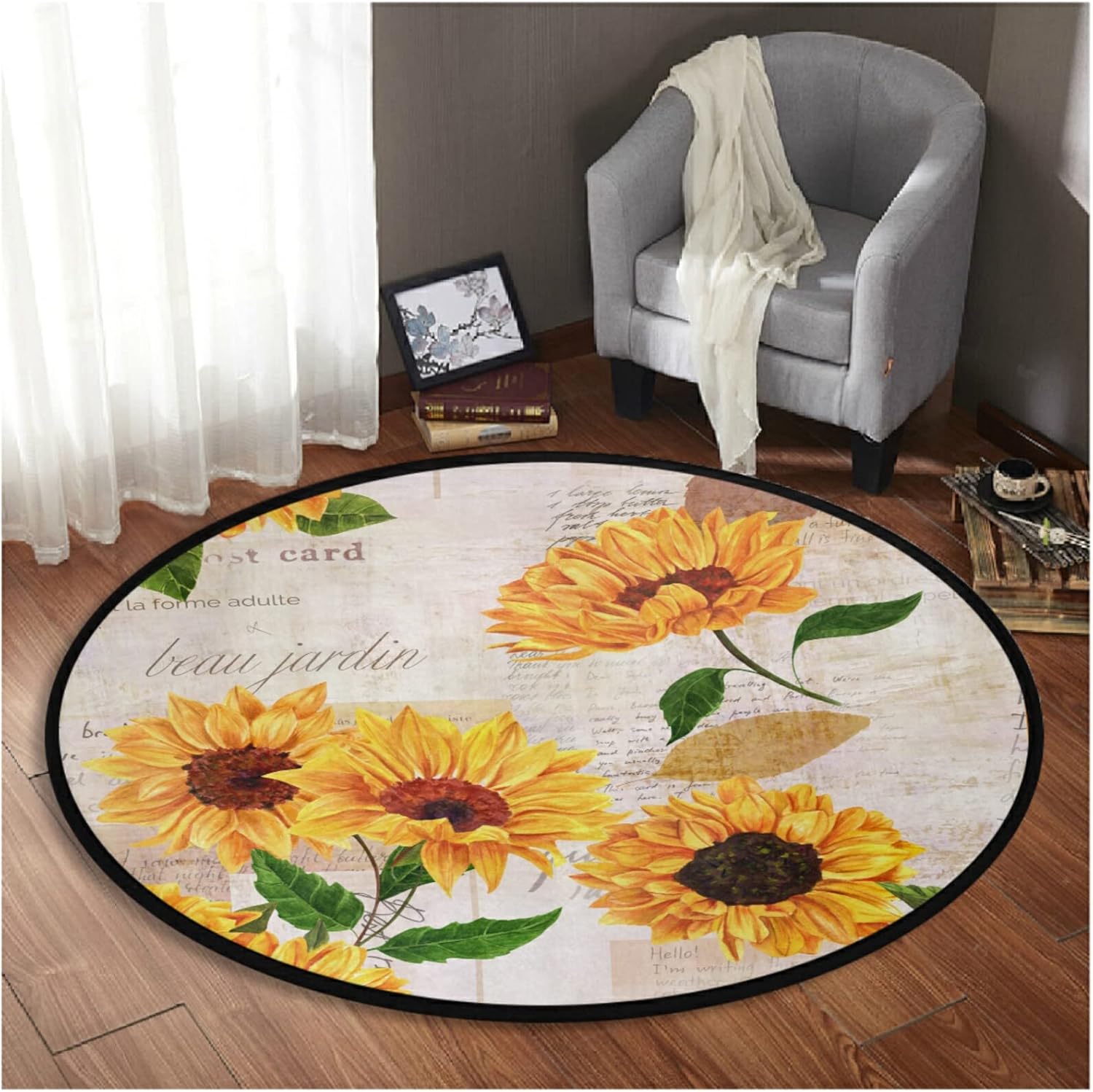 Alfombra redonda de verano vintage de girasoles de 3 pies, alfombra circular de flores florales en acuarela, suave, antideslizante, para sala de