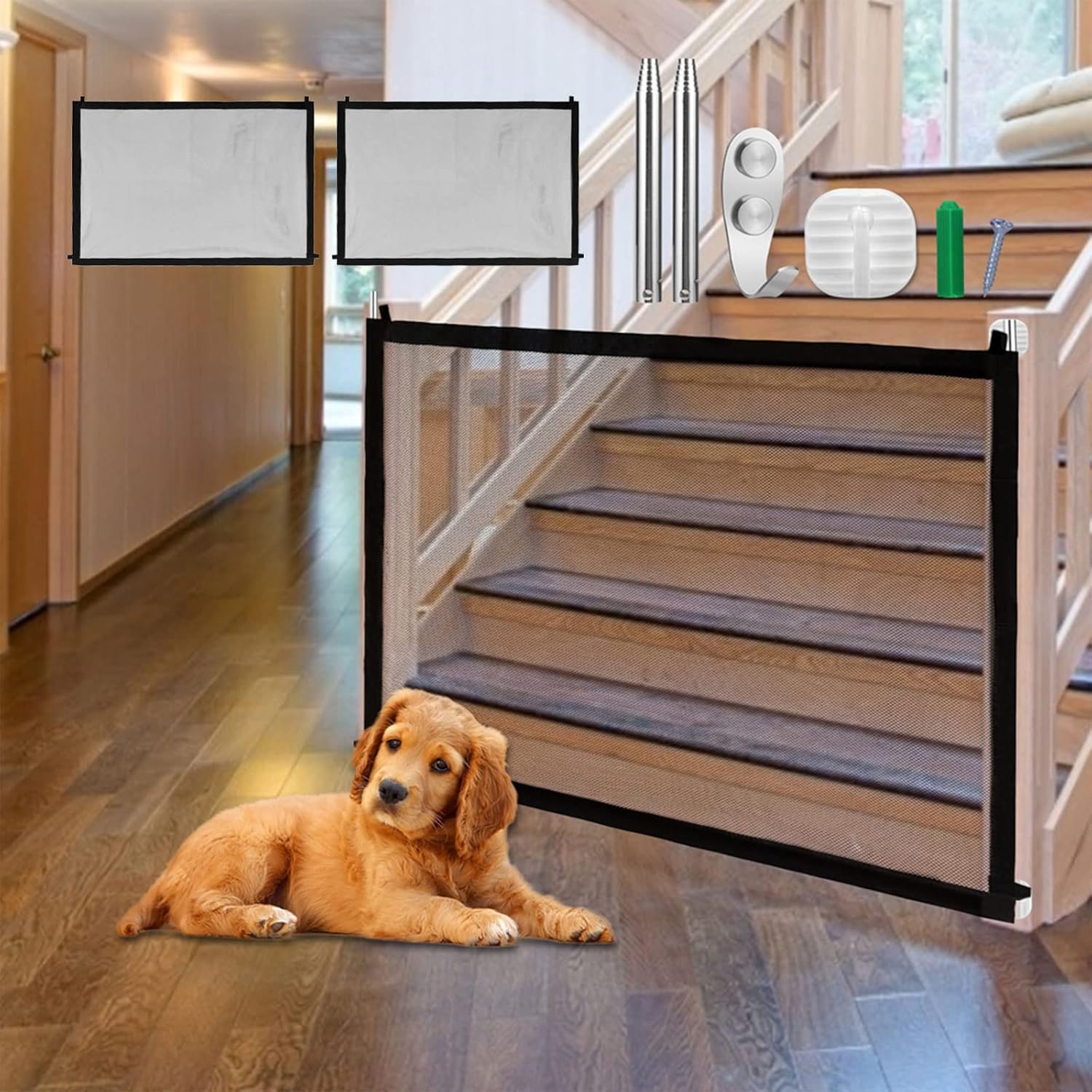 Paquete de 2 puertas para perros para interiores, escaleras para mascotas, portones plegables portátiles de malla de seguridad, puertas de malla de