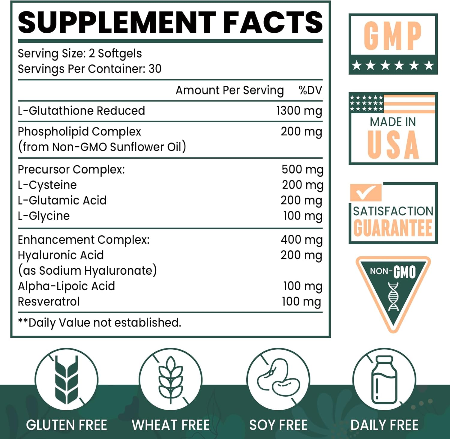 Glutatión liposomal de 2400 mg  Absorción máxima  Suplemento de glutatión con ácido hialurónico, resveratrol, L  glutatión reducido, antioxidante