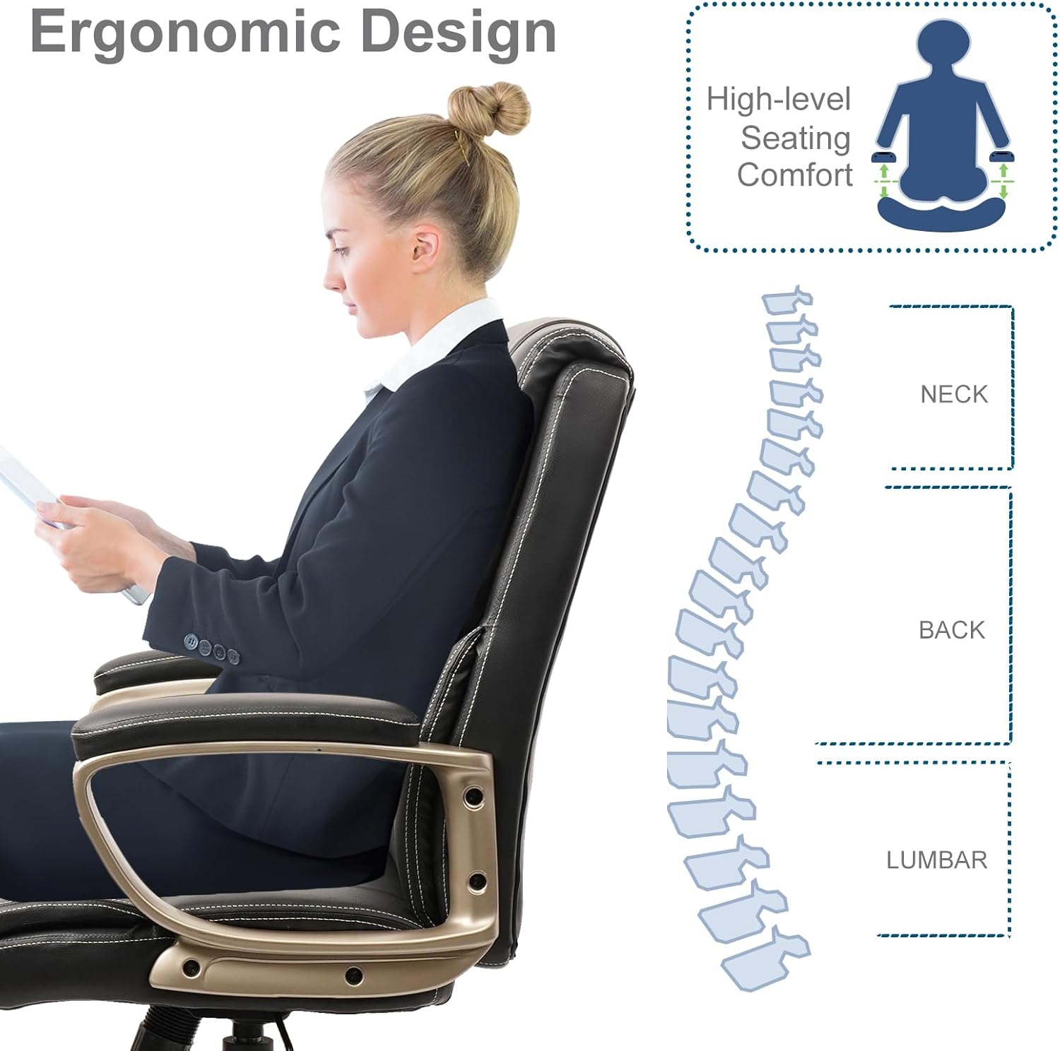 CLATINA Silla de escritorio ergonómica de oficina negra y dorada con soporte lumbar, sillas ejecutivas de cuero con respaldo alto con ruedas y