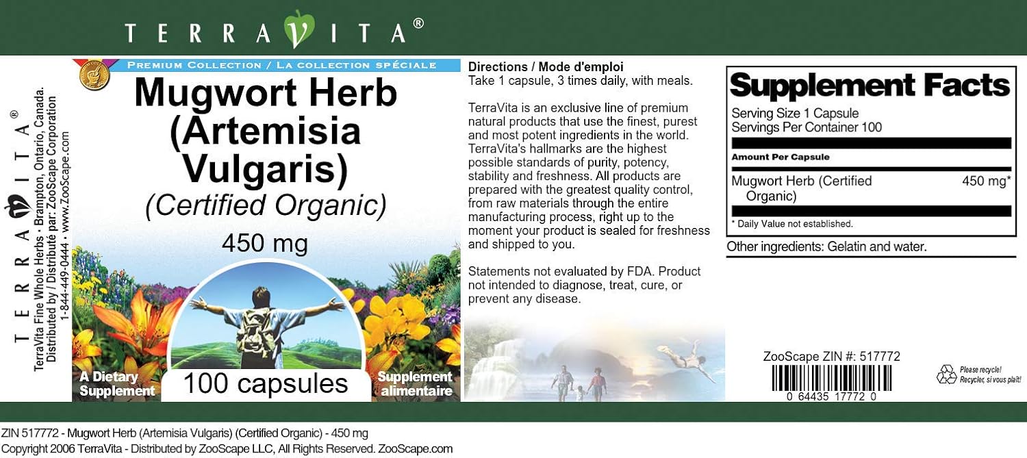 Hierba Artemisia Vulgaris (Orgánica Certificada) – 450 mg (100 Cápsulas, ZIN 517772) – Paquete de 2