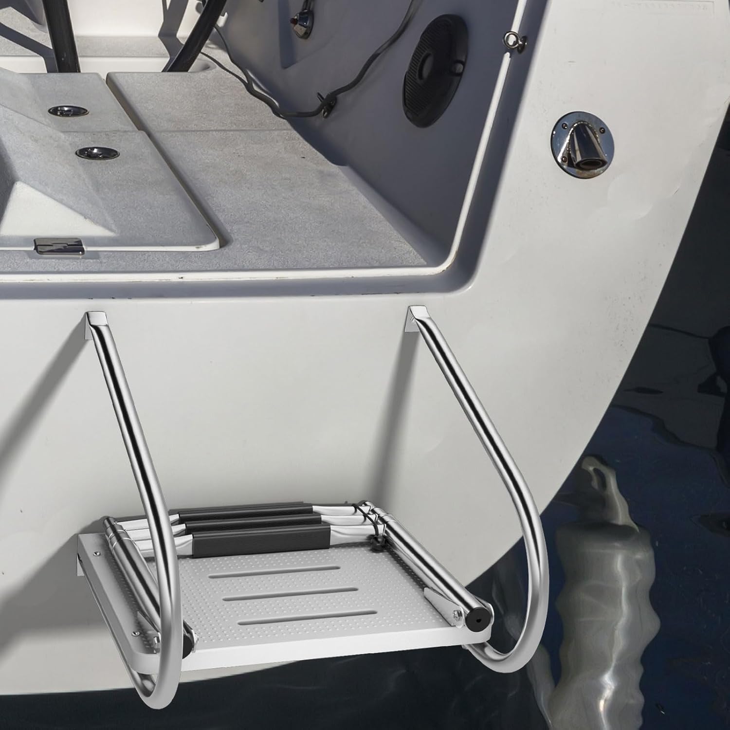 Goplus Escalera de barco con plataforma de natación de 3 escalones, escalera plegable telescópica con pasamanos, 3 pasos antideslizantes, escalera