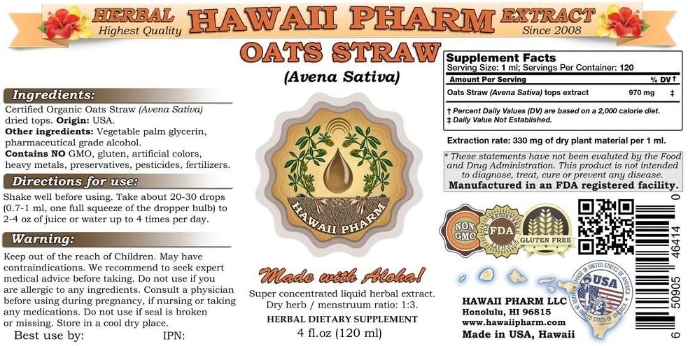 HawaiiPharm Oat Straw Liquid Extract, Organic Oats Straw (Avena Sativa) Tincture, Herbal Supplement, Made in USA, 2×4 fl.oz