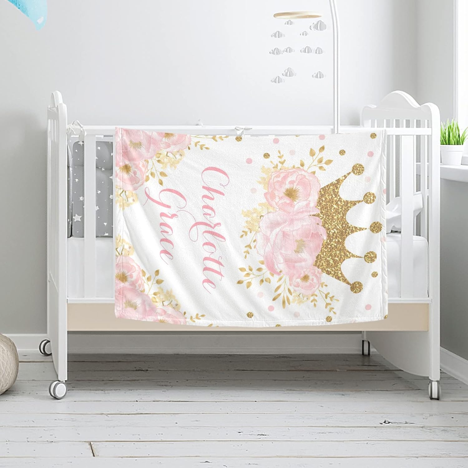 Mantas de bebé personalizadas para niñas con nombre, regalos de bebé personalizados para niñas, manta rosa suave para niña, corona floral rosa, 30 x