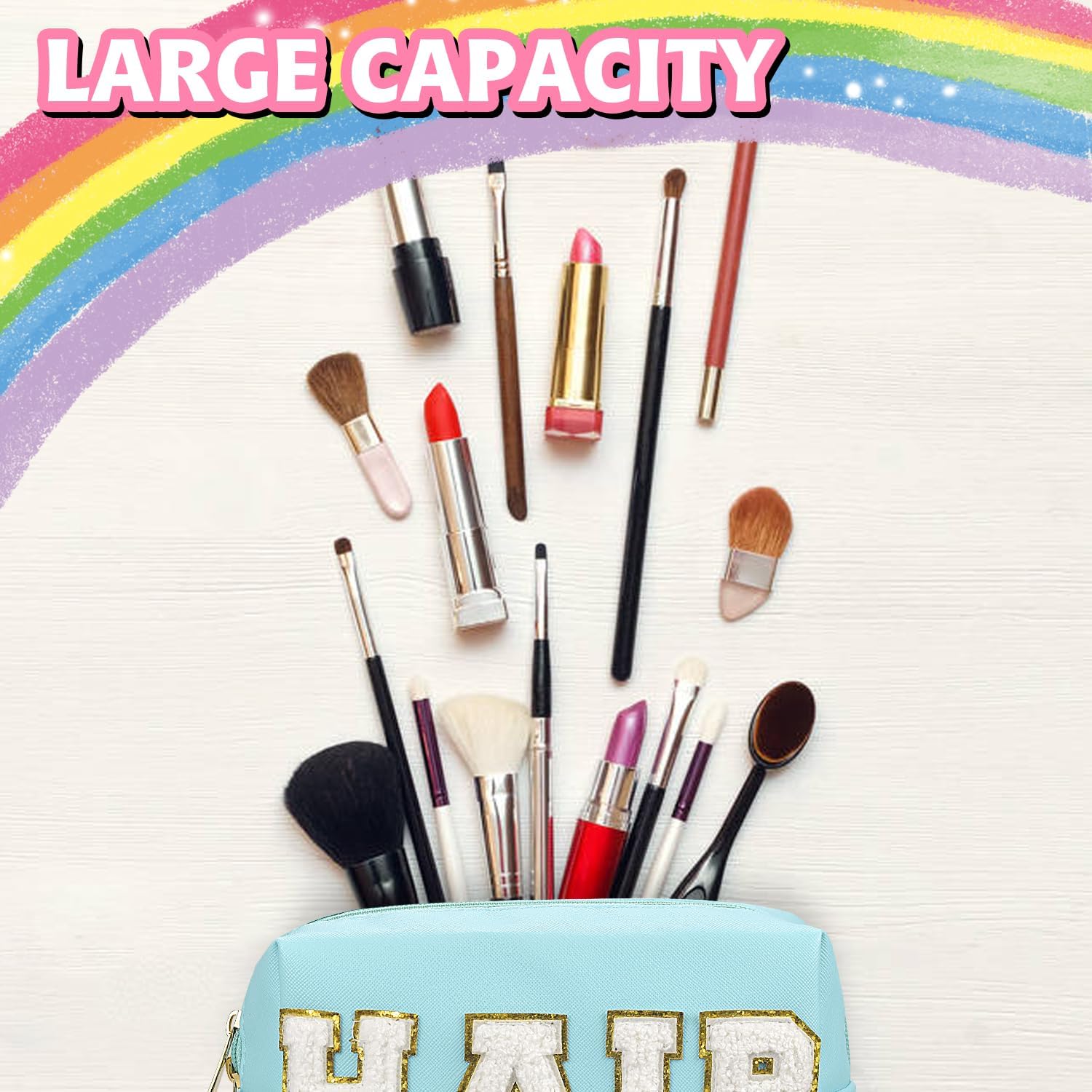 Bolsa de maquillaje de parche de piel sintética, portátil, impermeable, para cosméticos, uso diario, para mujeres y niñas, Pelo azul., Parche Preppy
