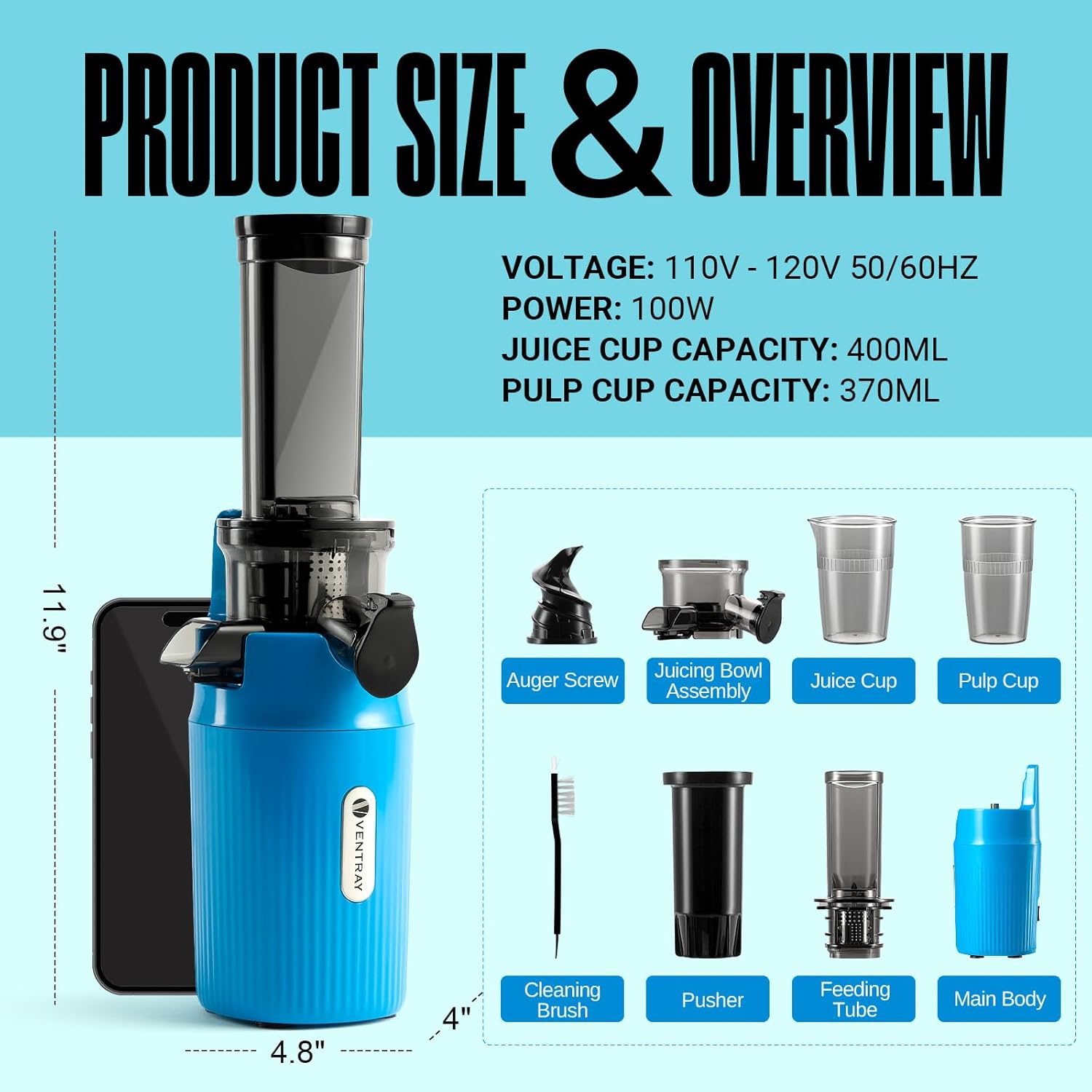 Ventray Ginnie – Exprimidor compacto de prensa en frío, exprimidor lento con velocidad baja de 60 rpm, fácil de limpiar y nutrimentar con vitaminas