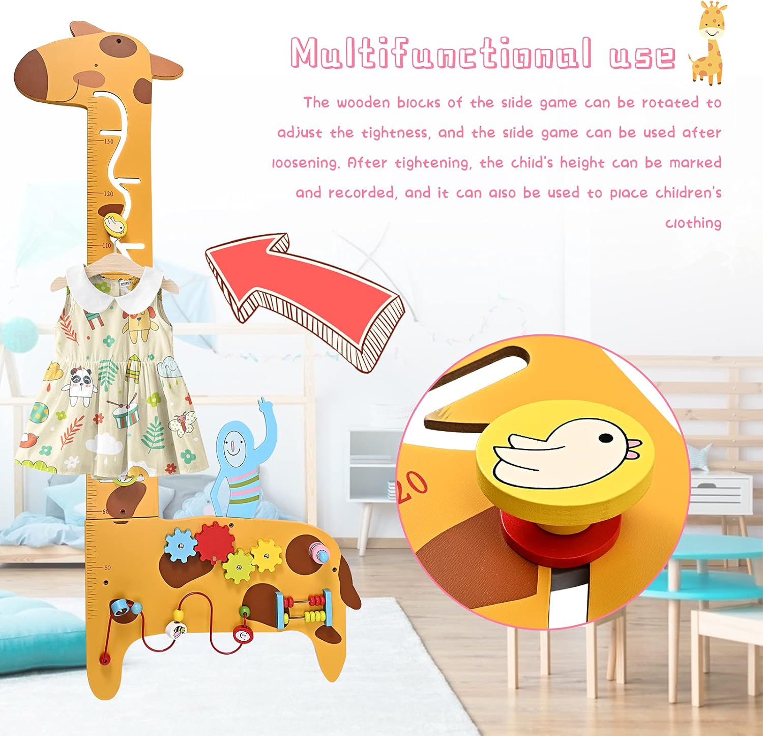 Activity Wall Panel Busy Board 7 in 1 Multifunctional Giraffe Wooden Height Ruler, Childrens Early Education Hand-Eye Eombination Sensory Exercises