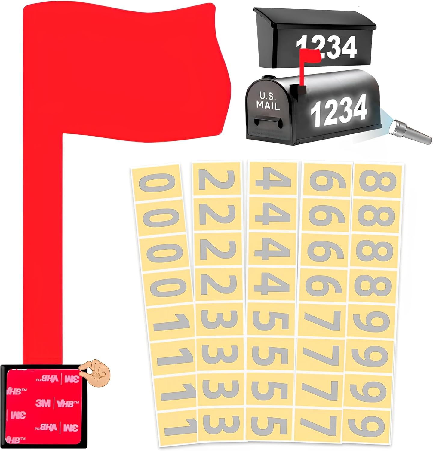 Kit universal de bandera roja para buzones de correo, autoadhesivo con calcomanías de números blancos reflectantes para tu buzón resistente al agua,