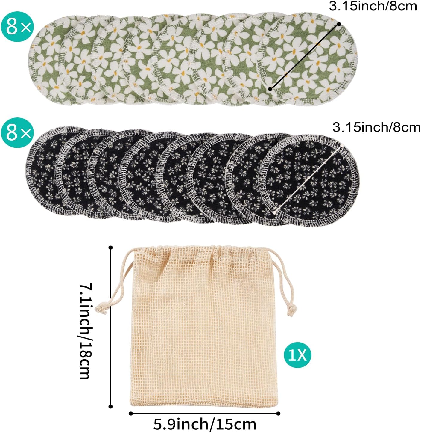Paquete de 16 almohadillas de algodón reutilizables, 100% orgánicas, reutilizables, almohadillas removedoras de maquillaje de bambú lavables para