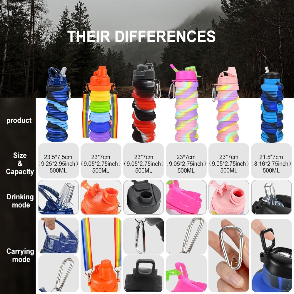 Paquete de 2 botellas de agua plegables de silicona, a prueba de fugas, portátiles de 16 onzas, expandibles, vasos deportivos con popote, sin BPA,