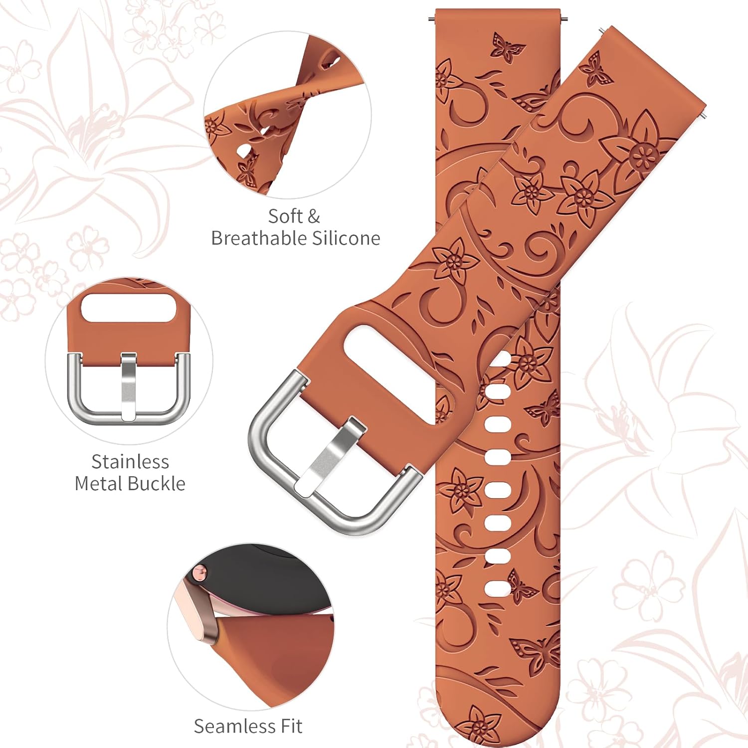Paquete de 3 correas grabadas con flores compatibles con Samsung Galaxy Watch 654 de 1.575 pulgadas, 1.732 pulgadas, Galaxy Watch 5 Pro de 1.772